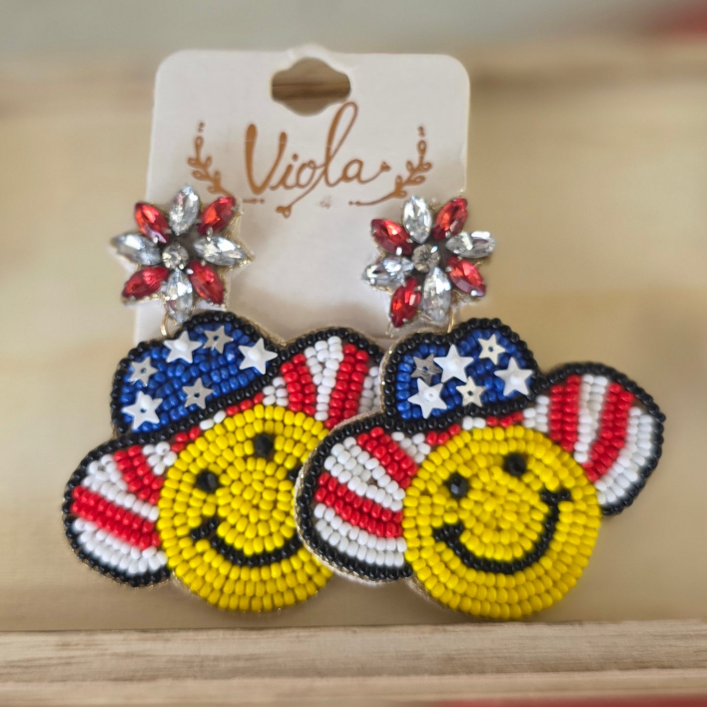 Beaded USA Smiley Face Dangle Earrings