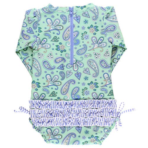 Sea Glass Paisley L/S One Piece Rash Guard with Ruffles