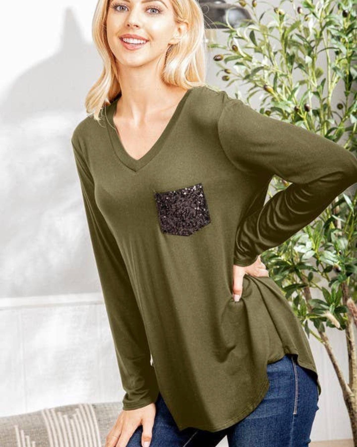 Plus Long Sleeve Top w/ Sequin Pocket