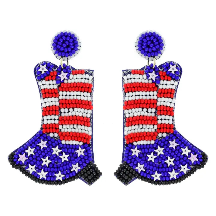 Beaded Patriotic Boots Dangle Earrings
