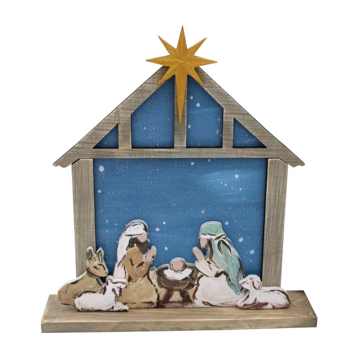 LAYERED WOOD TEAL NATIVITY SITTER