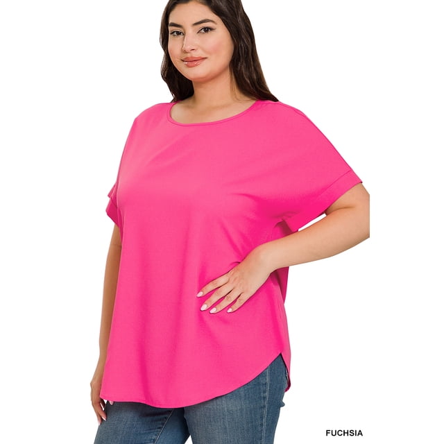 Plus Woven Heavy Dobby Rolled Sleeve Boat Neck Top