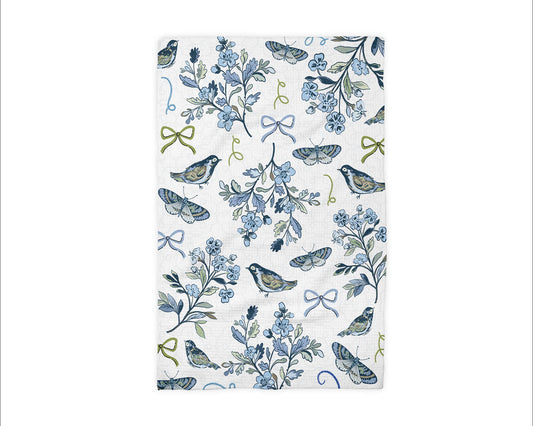 Bird Chinoiserie Floral Kitchen Towel Blue White Spring Bow