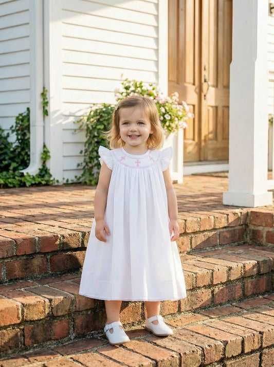 White and Pink Cross Bishop Dress