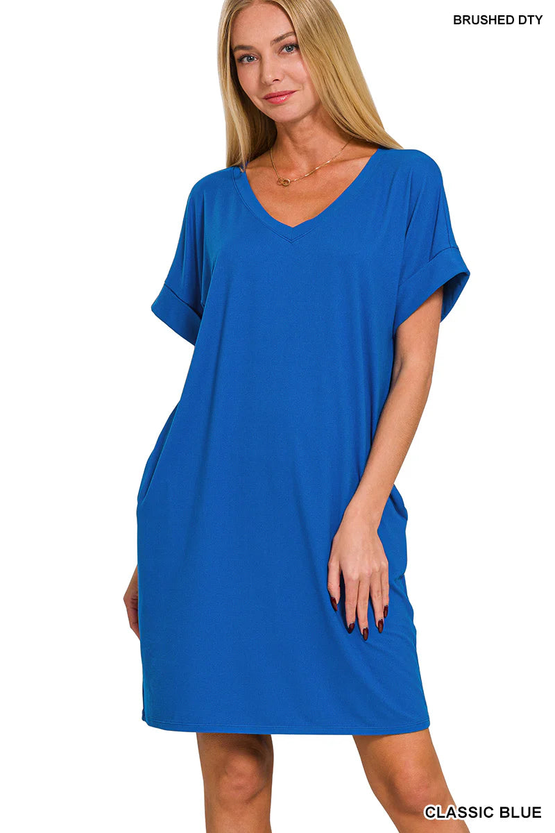 Brushed Dty Rolled Short Sleeve V-Neck Dress