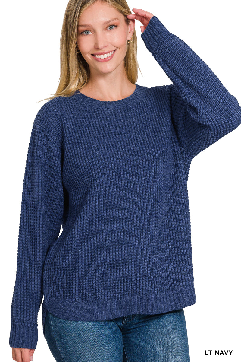 Hi-Low Long Sleeve Round Neck Waffle Sweater