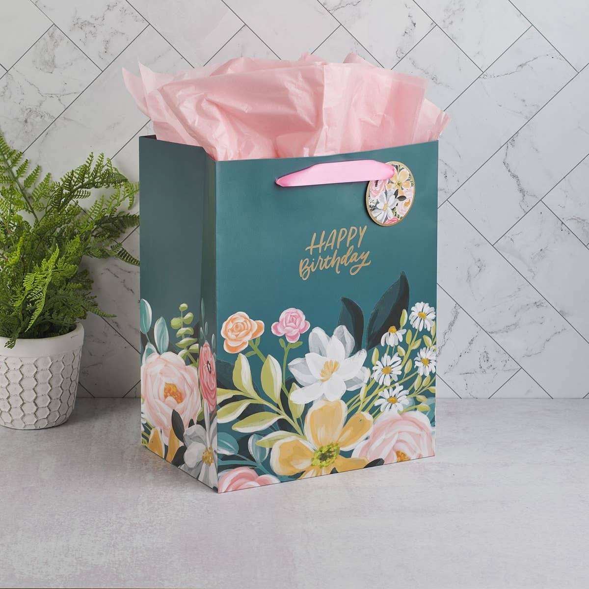 Gift Bag LG Portrait Dark Floral Happy Birthday
