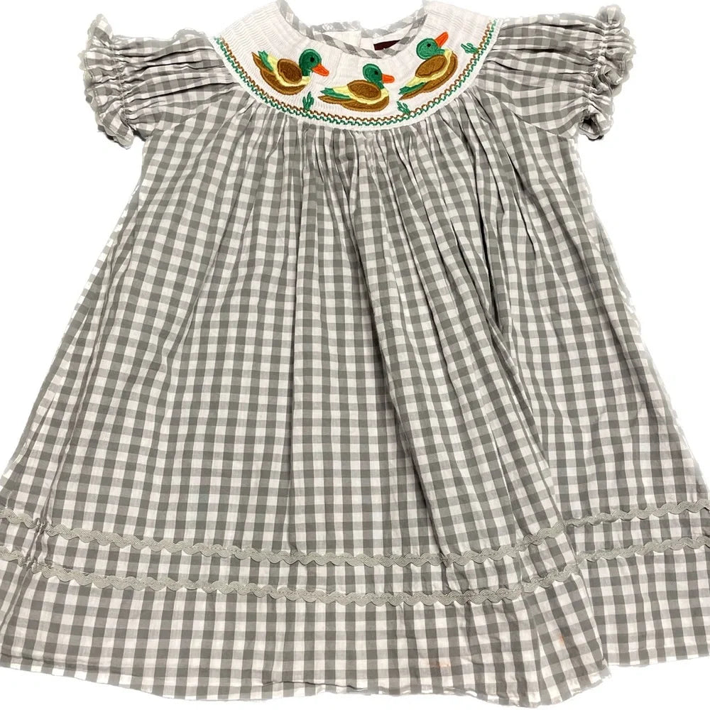 Smocked Grey Check Mallard Dress