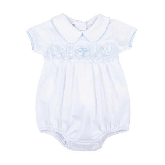 Blessed Blue Smocked Collared S/S Boy Bubble