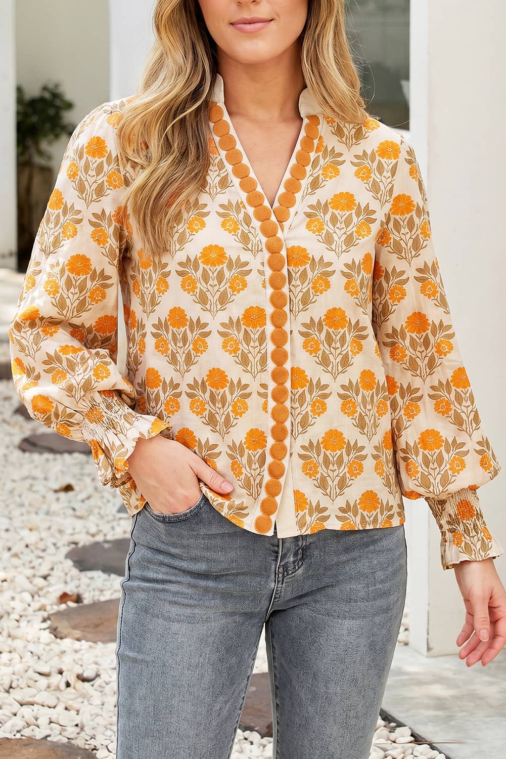 Floral Print V Neck Long Sleeve Top