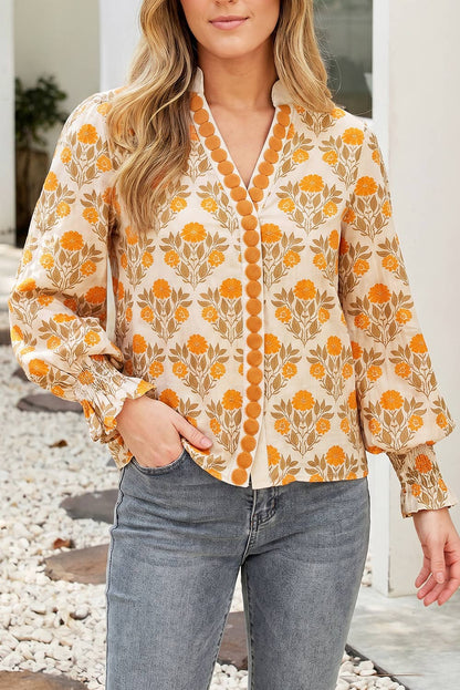 Floral Print V Neck Long Sleeve Top