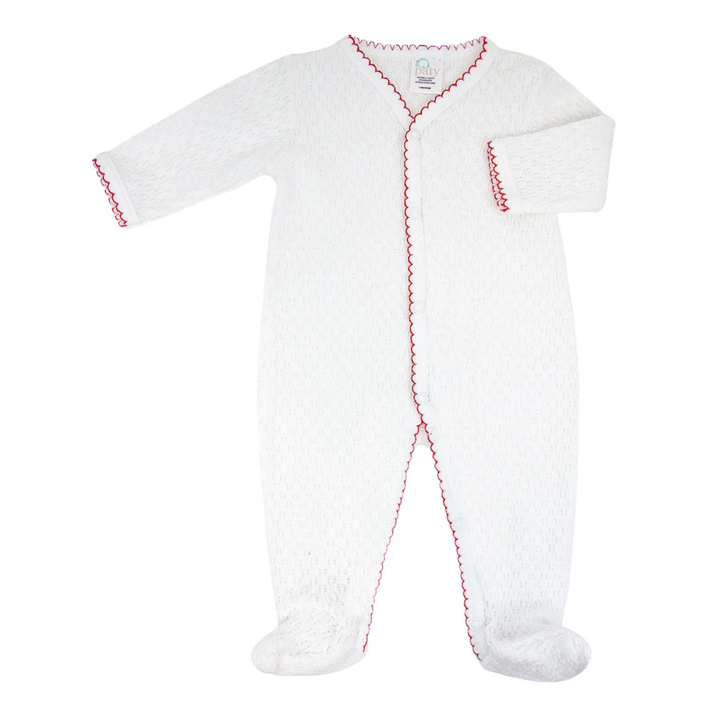 Paty White Knit Footie w/ Red Trim