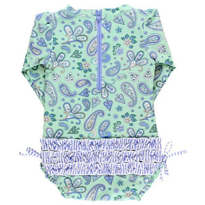 Sea Glass Paisley L/S One Piece Rash Guard with Ruffles