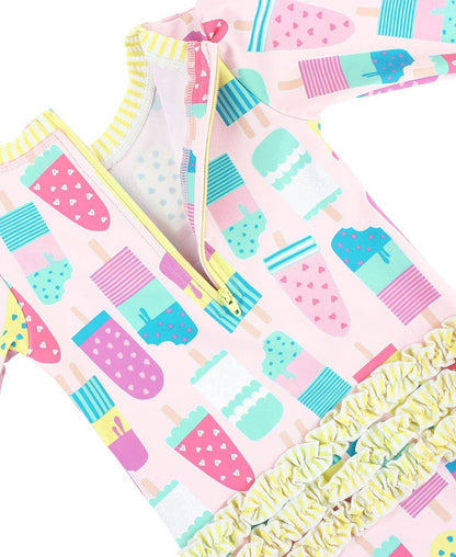 Baby Girls Ice Cream Social LS One Piece Rash Guard with Ruffles