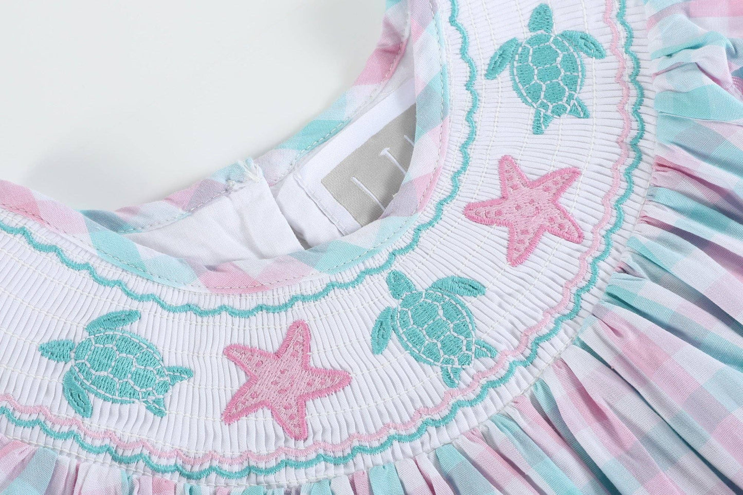 Pink and Aqua Gingham Turtle Smocked Bishop Dress