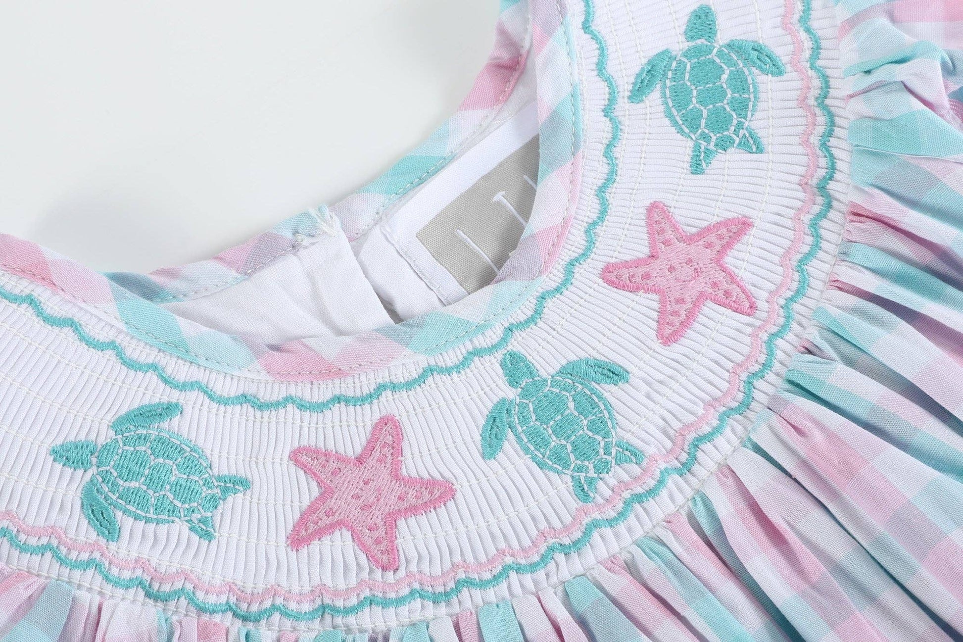 Pink and Aqua Gingham Turtle Smocked Bishop Dress