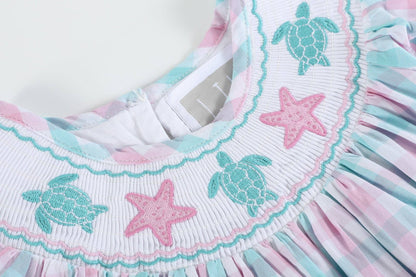 Pink and Aqua Gingham Turtle Smocked Bishop Dress
