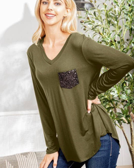 Plus Long Sleeve Top w/ Sequin Pocket