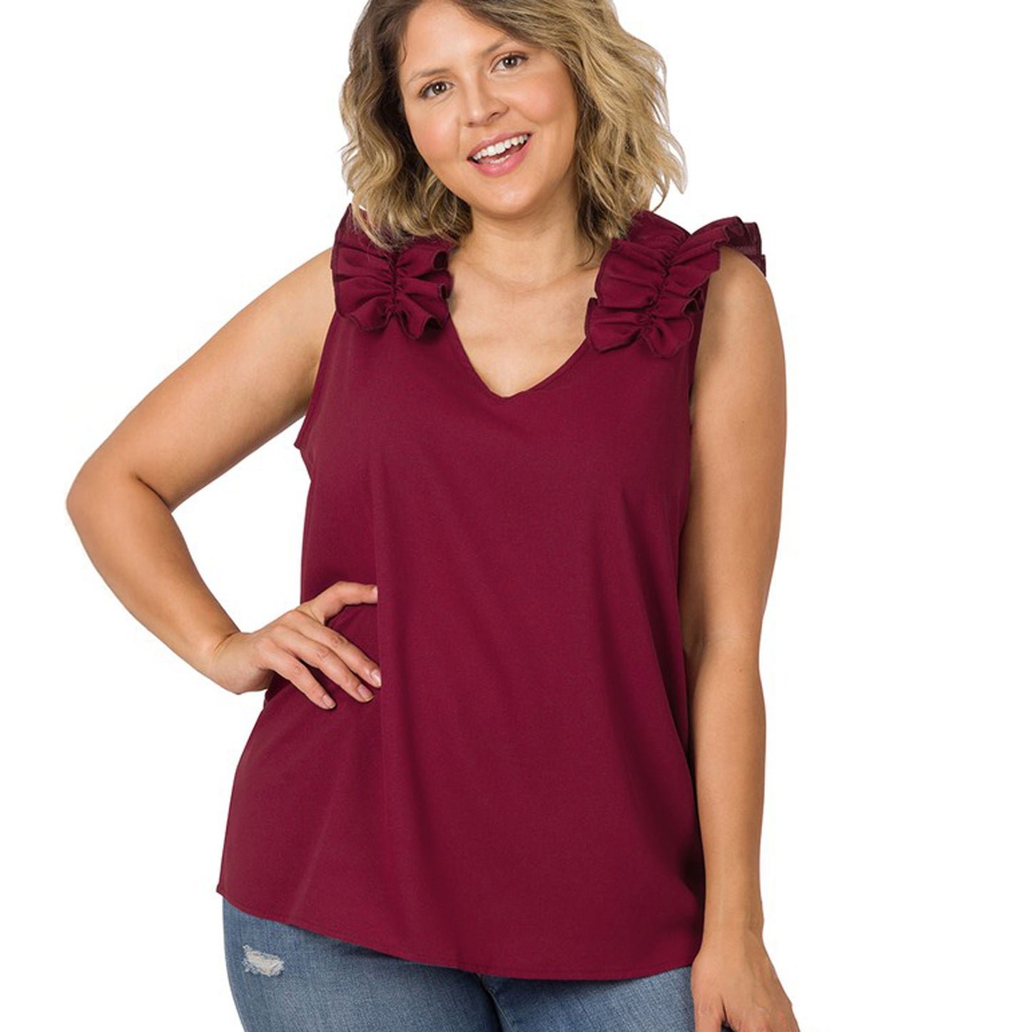 Plus Woven Wool Dobby Ruffle Trim Sleeveless Top