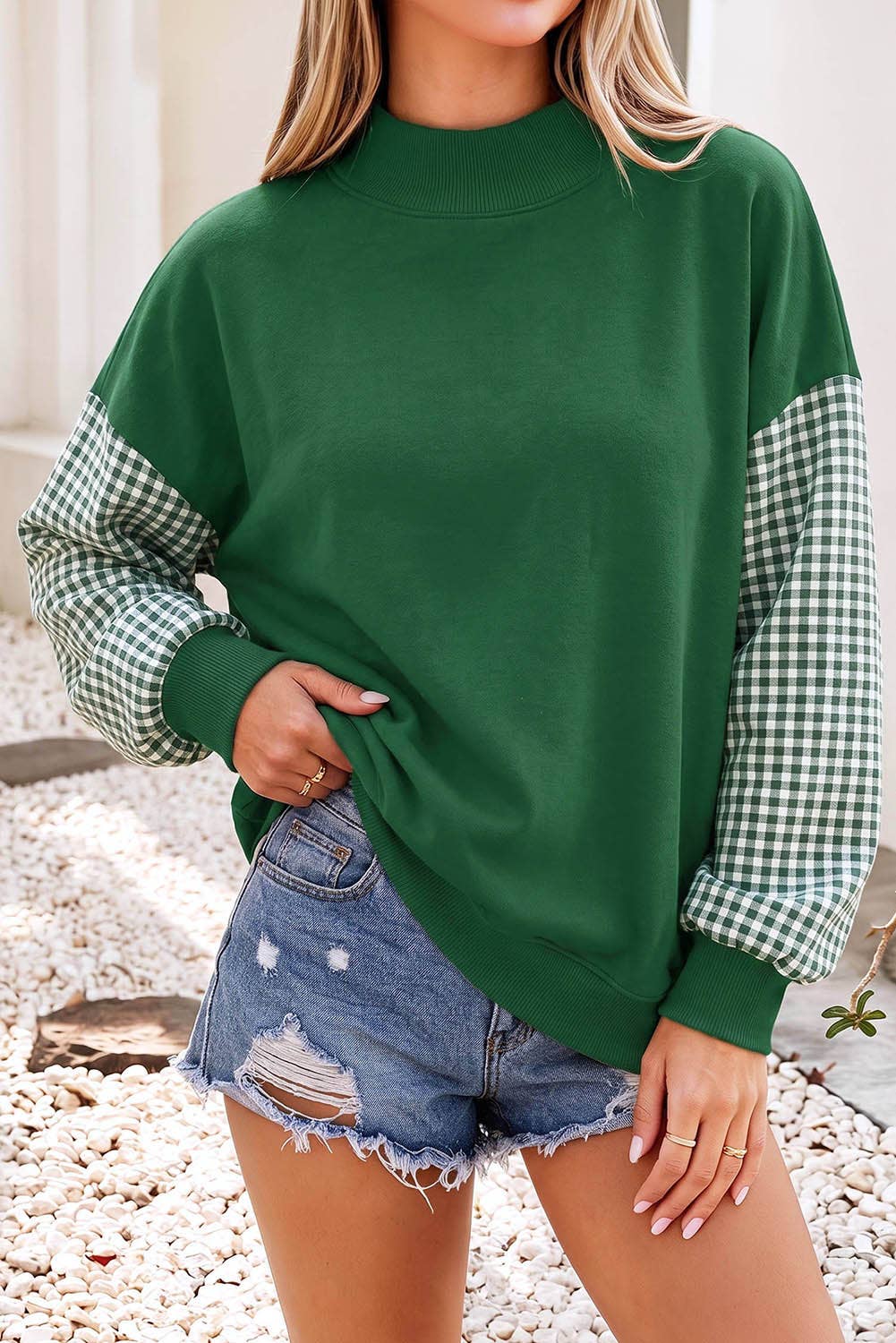 Plaid Sleeve Colorblock Mock Neck Sweatshirt