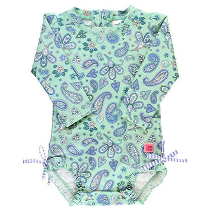 Sea Glass Paisley L/S One Piece Rash Guard with Ruffles