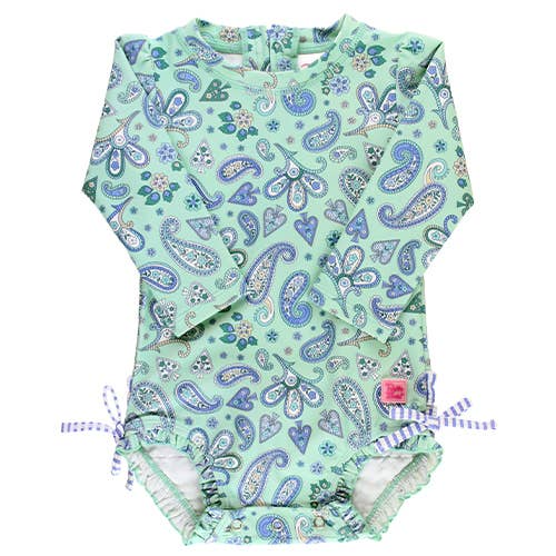 Sea Glass Paisley L/S One Piece Rash Guard with Ruffles