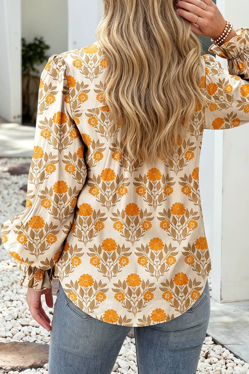 Floral Print V Neck Long Sleeve Top