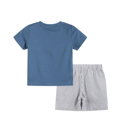 Blue Tractor Smocked Shirt and Gray Shorts Set