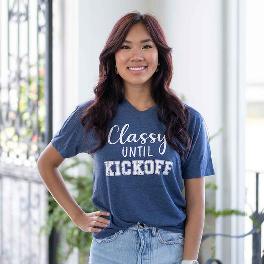 Classy Until Kickoff V-Neck T-Shirt   Blue/White