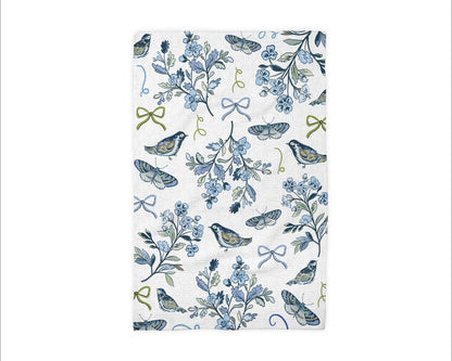 Bird Chinoiserie Floral Kitchen Towel Blue White Spring Bow