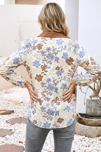 V Neck Floral Blouse Long Sleeve Shift Pullover
