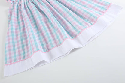 Pink and Aqua Gingham Turtle Smocked Bishop Dress