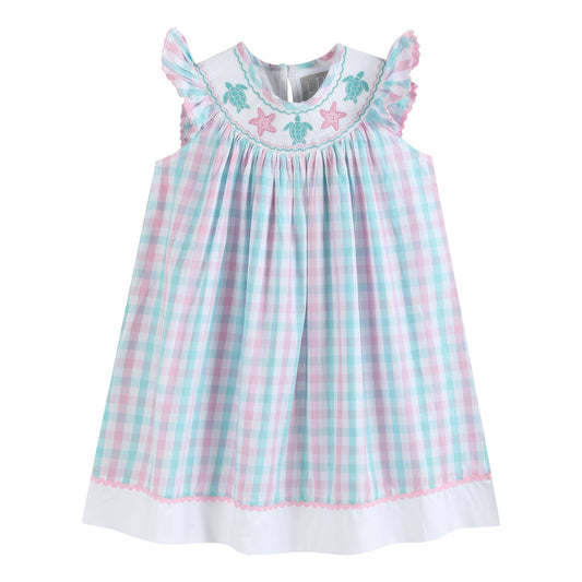 Pink and Aqua Gingham Turtle Smocked Bishop Dress