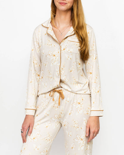 Harvest Toile Long Sleeve Button Up Sleep Shirt   Turtledove/Cream