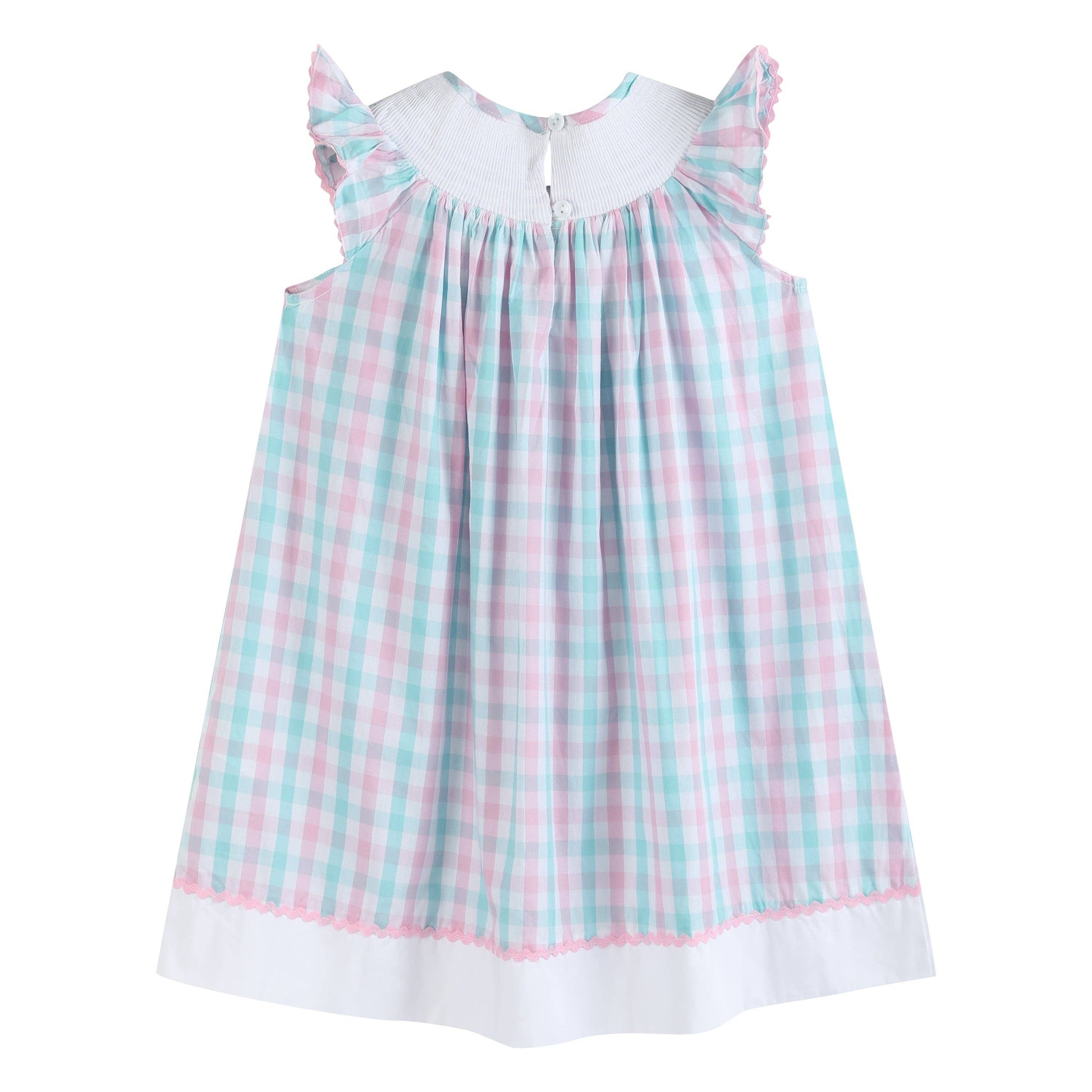 Pink and Aqua Gingham Turtle Smocked Bishop Dress