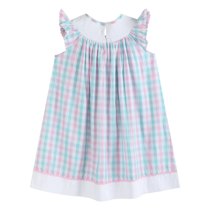 Pink and Aqua Gingham Turtle Smocked Bishop Dress