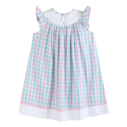 Pink and Aqua Gingham Turtle Smocked Bishop Dress