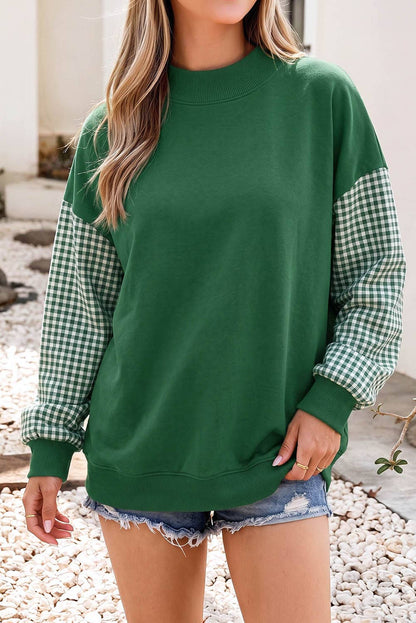 Plaid Sleeve Colorblock Mock Neck Sweatshirt