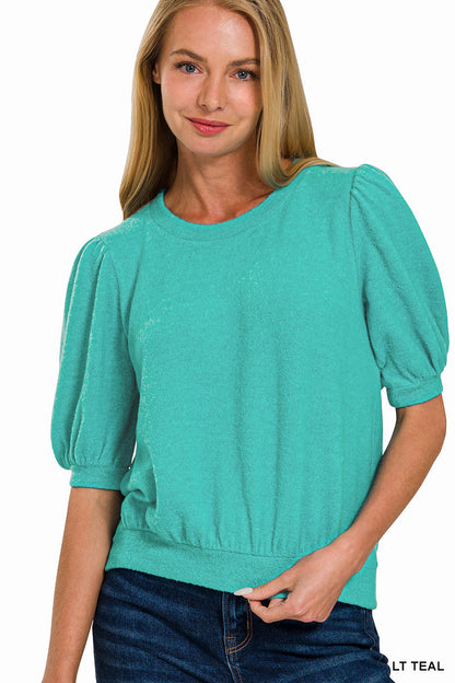 Brushed Melange Hacci Puff Short Sleeve Sweater