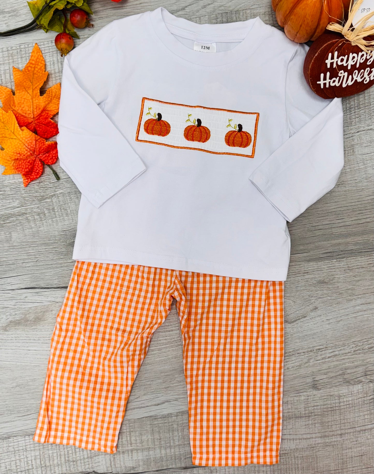 Boy's White/Orange Smocked Pumpkin Pant Set