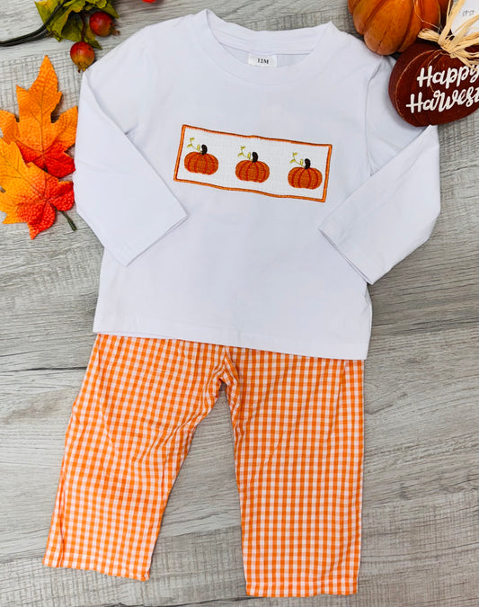 Boy's White/Orange Smocked Pumpkin Pant Set