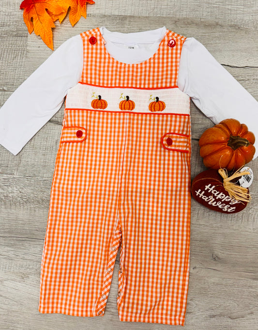 Boy's Orange/White Checkered Smocked Pumpkin Longall