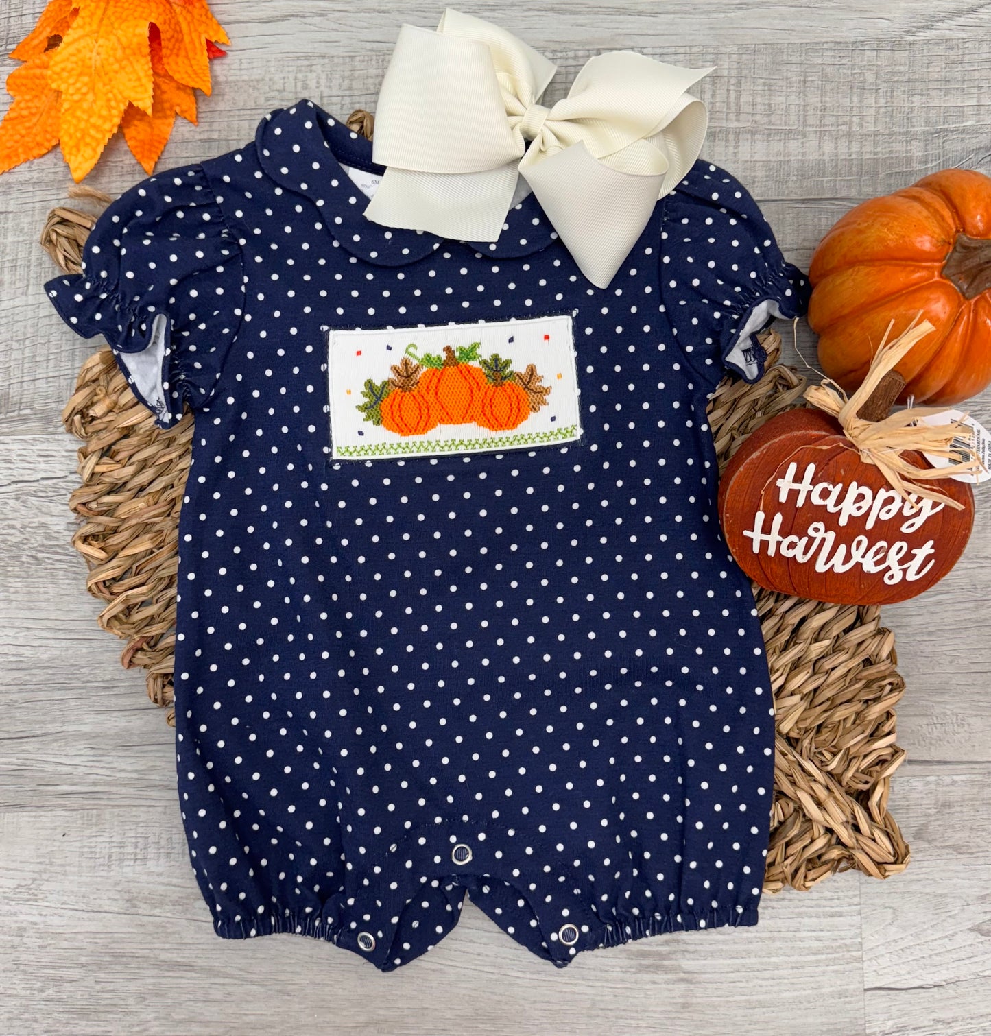 Girl's Navy Dot Pumpkin Romper