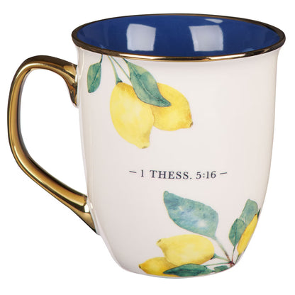 Mug Yellow/Blue Rejoice Always 1 Thess. 5:16