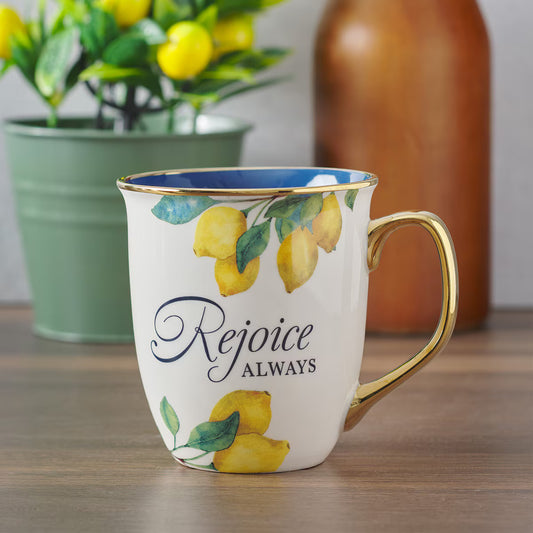 Mug Yellow/Blue Rejoice Always 1 Thess. 5:16