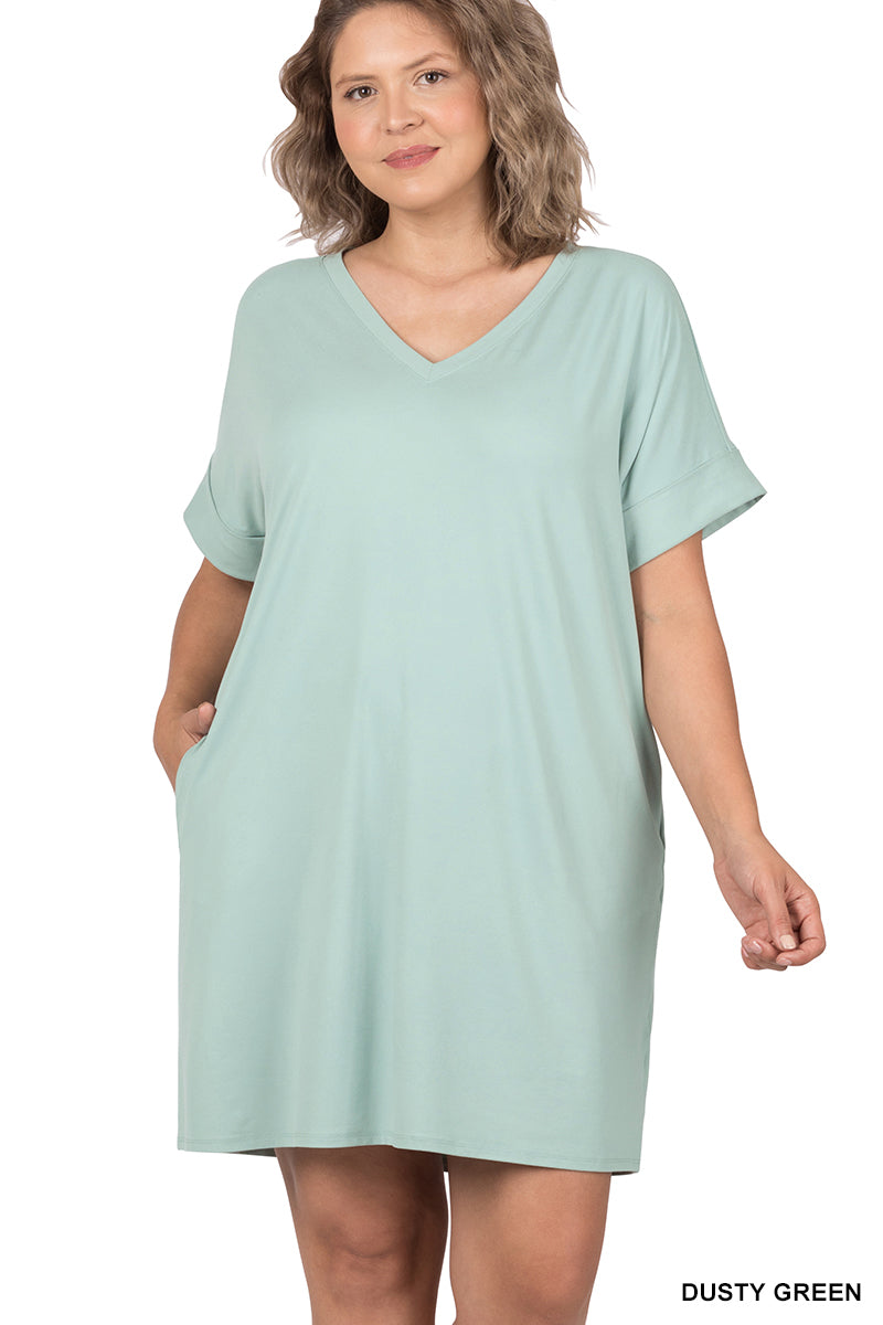 Plus Brushed Dty Rolled Short Sleeve V-Neck Dress