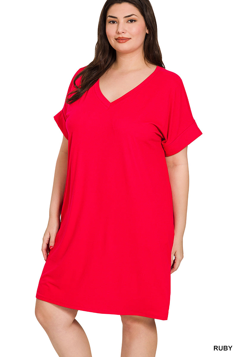 Plus Brushed Dty Rolled Short Sleeve V-Neck Dress