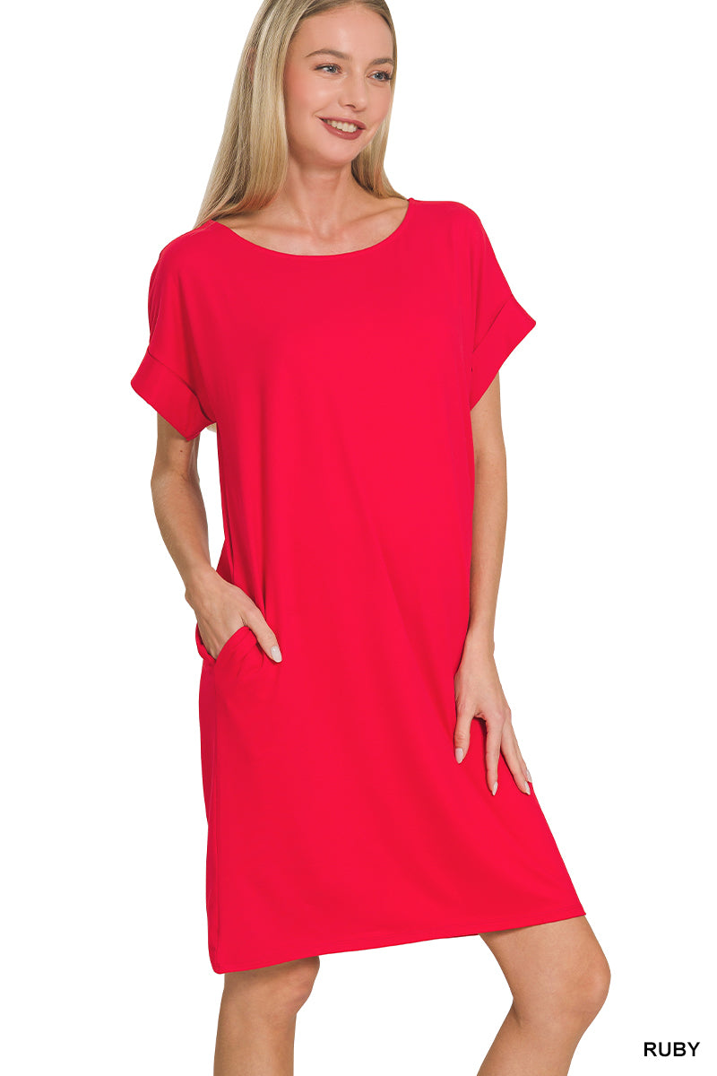 Rolled Short Sleeve Round Neck Dress