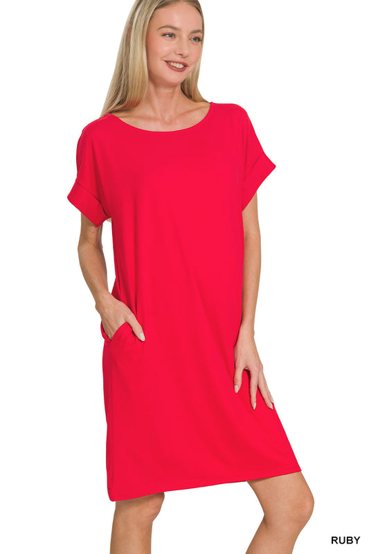 Rolled Short Sleeve Round Neck Dress