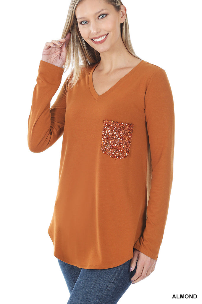 Long Sleeve V-Neck Front Sequin Pocket Top